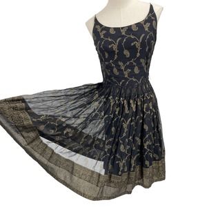 Vintage 50s Black and gold Silk Fit and Flare Sleeveless Dress Border Print XS